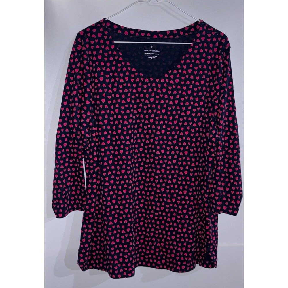 J. Jill More Love Women’s Tee XL Navy/Pink Heart Print V-Neck 3/4 Pima